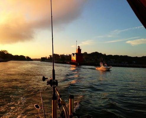 Sunrise as we leave the channel and head out onto Lake Michigan.