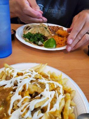 Chili cheese fries and beef tacos