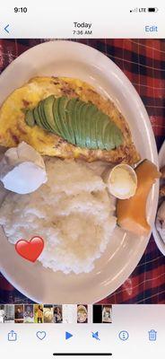 Bacon, Avocado, jack cheese omelette with grits