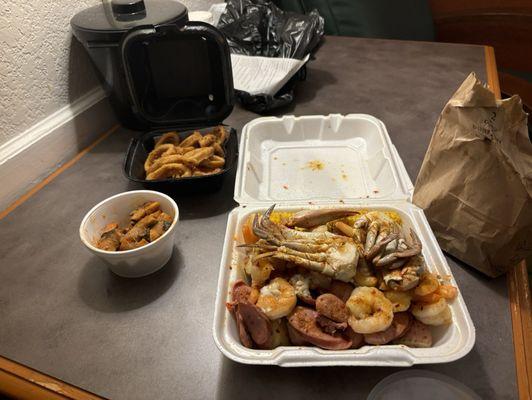 Low country boil, spicy conch and calamari.