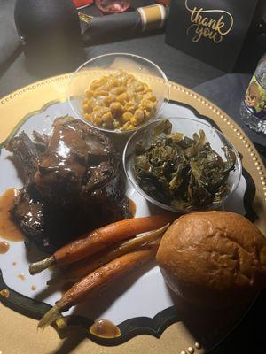 breeze, pot, roast, collard greens, cream, corn, and roll