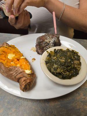 8 oz filet, sweet potato with cinnamon butter and greens!  Yum!