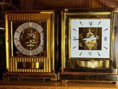 Jeger-LeCoultre Atmos Clocks that have been repaired.  One on the left required suspension wire, and major fork adjustments.