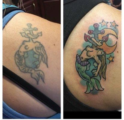 Left- poor tattoo done by Billy- at Liberty Tattoo, on the right- enhanced tattoo done by Kiel at Integrity Tattoo