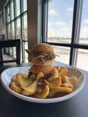 In house smoked pulled pork sliders with verde