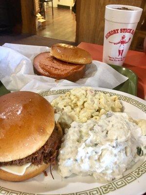 Fried Bologna & chopped beef sandwich w/ baked potato salad & macaroni salad