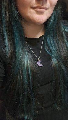 Long hair with blue/green underlights