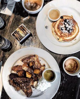 Blueberry pancakes and brioche French toast