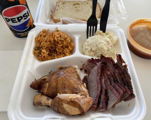 Fantastic Lean Brisket, Dark Meat Chicken, Potato Salad & Seasoned Rice togo !!!