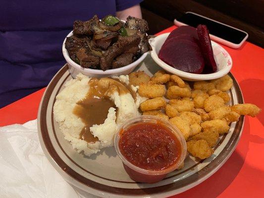 Sirloin tips, fried shrimp and two sides.