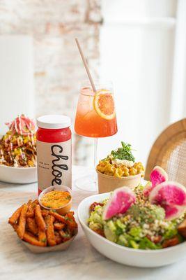 Butternut Nachos, Cold Pressed Juice, Blood Orange Spritz, Summer Corn Mac, Sweet Potato Fries, Farmers Market Chopped Salad