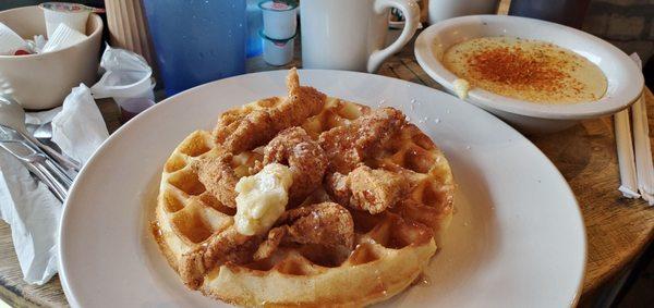 Chicken & Waffles.. spicy grits. Oh, my!