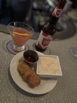 Fried Cod fish, fish n' chips with homemade sauce.