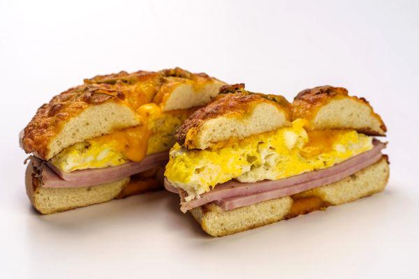 Ham, egg, and cheese on a Jalapeno Bagel