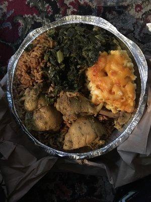 Rice and Peas, Macaroni and Cheese, Collard Greens, Large Curry Chicken Meal