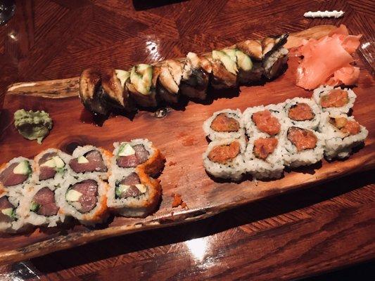 Dragon roll(Top), Florida(Left), Spicy Tuna(Right)