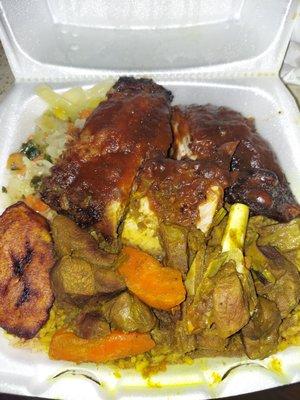 Jerk chicken top of photo n curry goat at the bottom.