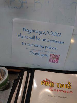 Menu prices increase starting Feb 1, 2022!! Got it!!