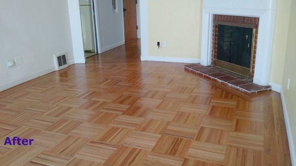 After: The floors look great. A month has passed and the color has really deepened into a lovely oak color. (Photo taken day they were done)