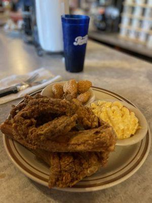 Country Fried Ribs with Macaroni and Cheese and corn fritters