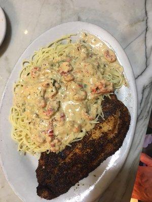 Blackened Redfish Pontchartrain with crawfish Pontchartrain sauce over Angel hair pasta