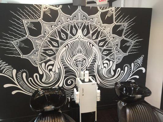 Beautiful wall art behind the hair washing Station!