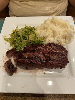 10oz Strip steak with mashed potatoes and shaved sprouts