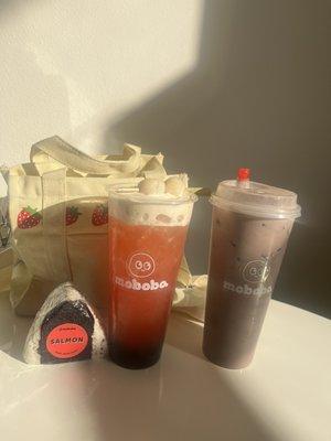 Rose lynchee tea and taro tea