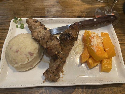 BBQ pork kabobs with garlic mashed potatoes and butternut squash