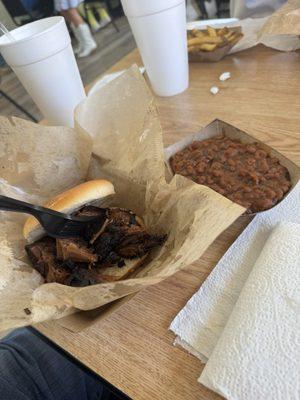 Brisket sandwich with BBQ beans