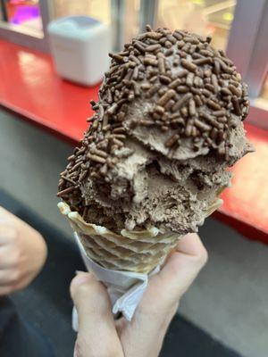 Chocolate ice cream cone with sprinkles