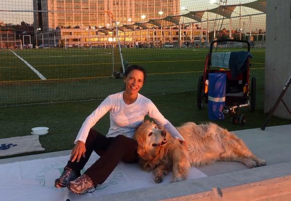 Lou and Dakota at Pier 5 Brooklyn Bridge Park Sunset Pilates class