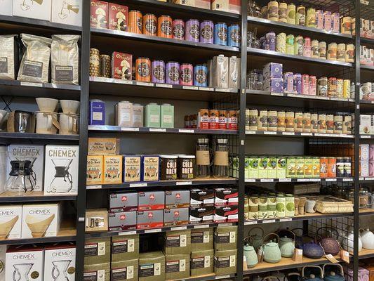 Tea galore and lots of brewing devices/kettles