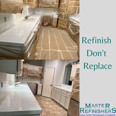 Prep work- We ensure that all flooring, cabinets and appliances are property covered before refinishing.