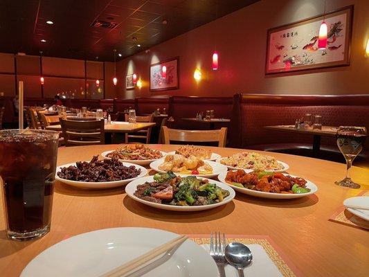 Honey walnut shrimp, crispy beef, general chicken, fried rice, chow mien, crab wontons and beef with broccoli.