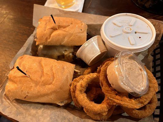 Smoked prime rib Sammie with O-rings.  Great!