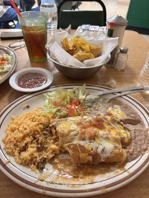 Today's special was Three Enchiladas with Rice and Beans.