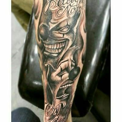 @fantasypartytattoos Laugh now cry later piece done by @drews_tattoos_ #blackandgreytattoo #blackandgrey #tattoos #tatt #tatt...