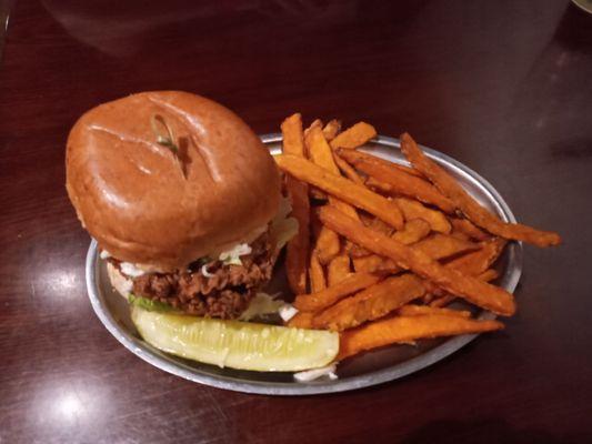 Chicken sandwich,  with fries and a deli pickle. Yum! The chicken was cooked perfectly.