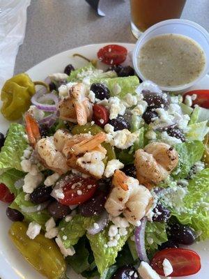 Greek salad w grilled shrimp. Attention to detail: shrimp properly tailed and cooked perfectly.