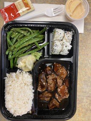 Bento Box- Steak with yum yum sauce on side .. pretty good ! Delivery