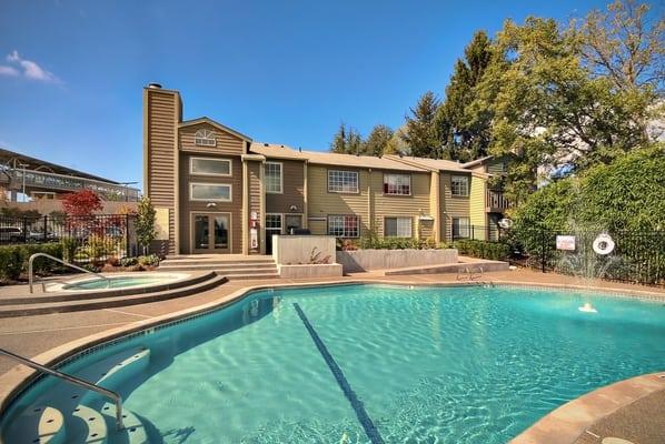 Pool, hot tub, and stainless steel barbeque.