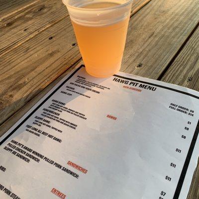 Shandy beer and food menu.