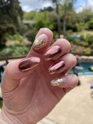 I love my rose gold chrome nails with a gold sparkle ombre!! ~Done by Alena~!! #GlamNails !!!