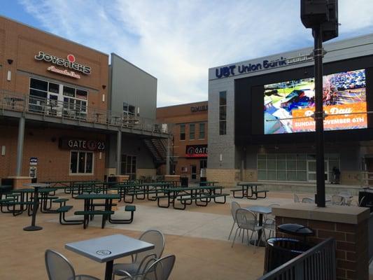 Busy time at the Railyard at 8:30 PM on a Friday night in June 2016.  Closely resembles a prison, but nobody is anywhere in sight.