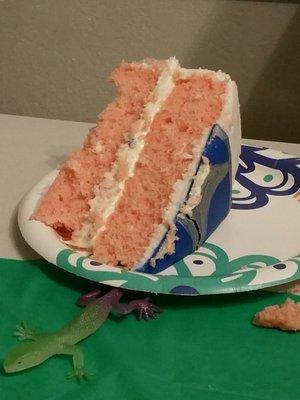 Yummm, strawberry cake with rainbow chip frosting filling... exactly what the birthday man requested!