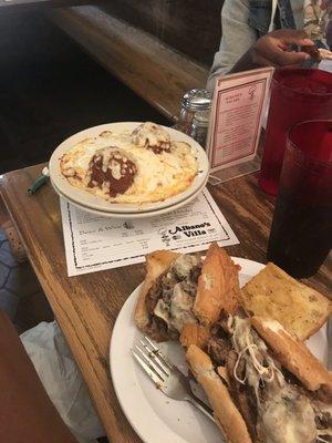 Spaghetti w/meatballs and Italian Beef Sandwich/mozzarella