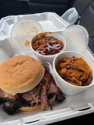 Brisket sandwich with beans and candied yams