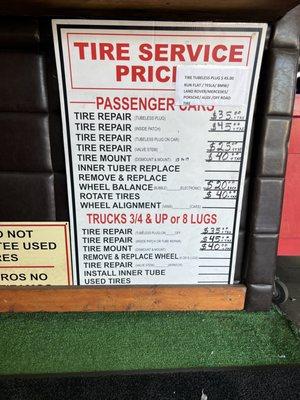 Tire service prices