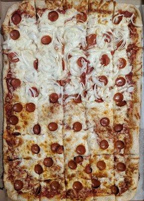 30" sheet cheese & peperoni pizza, one half with onions.